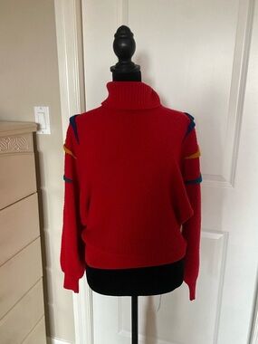 Vintage 1980s Red Turtleneck Sweater with Color-Blocked Accents | Size S